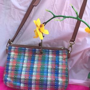 Fossil Teal Check Pattern Crossbody Bag